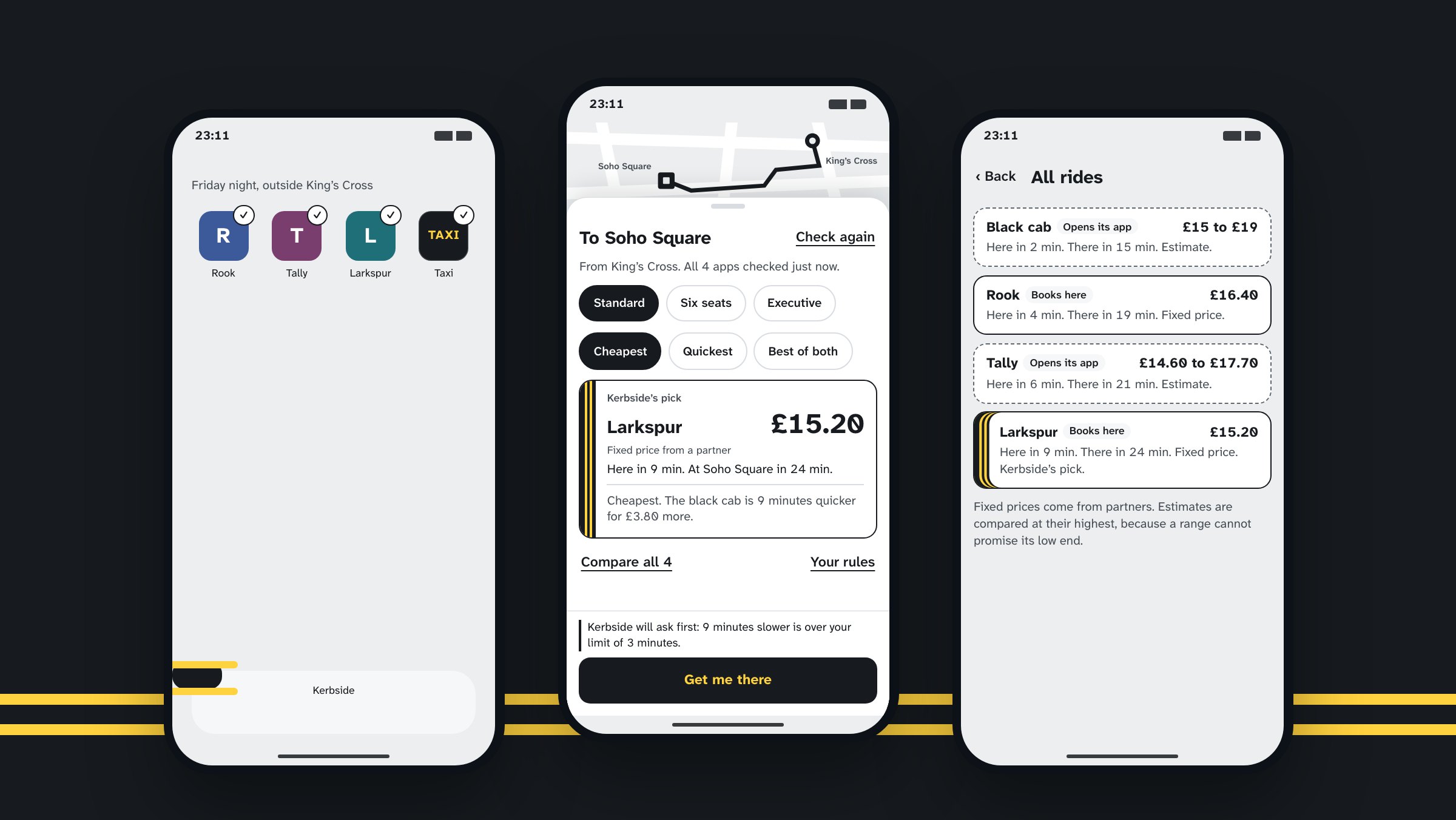 Three phone screens from the Kerbside prototype. Four ride apps on a home screen, Kerbside's pick of Larkspur at £15.20, and every ride compared.