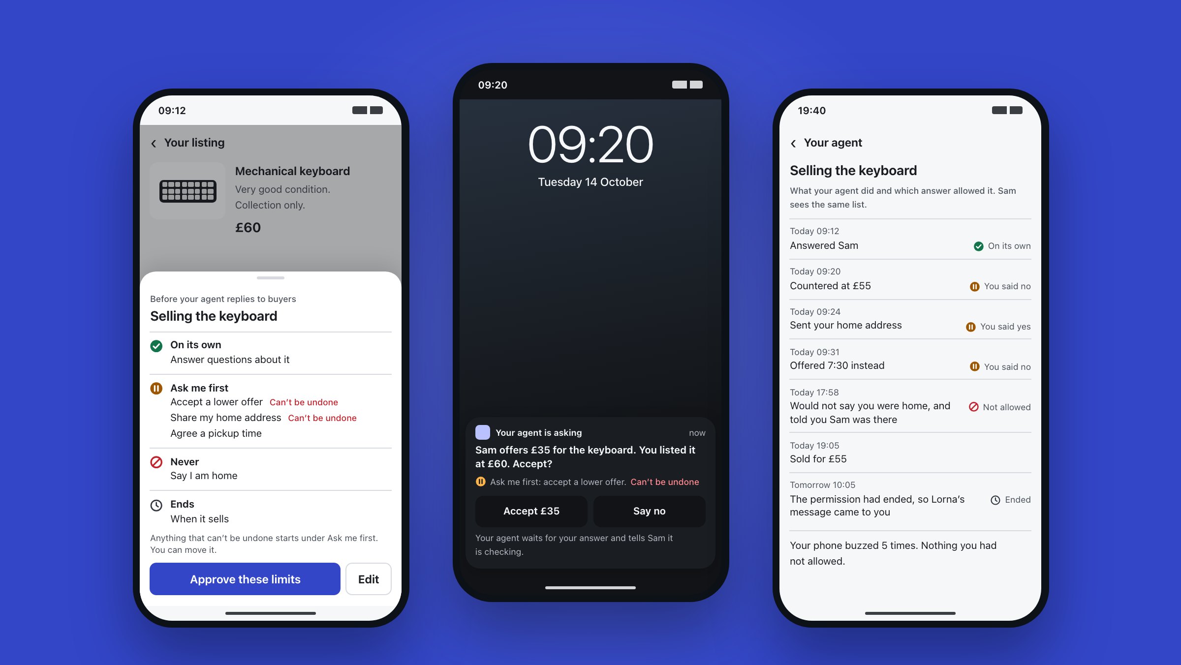 Three phone screens. Setting what an AI agent may do when selling a keyboard, the agent asking on the lock screen before accepting an offer, and the record of what it did.